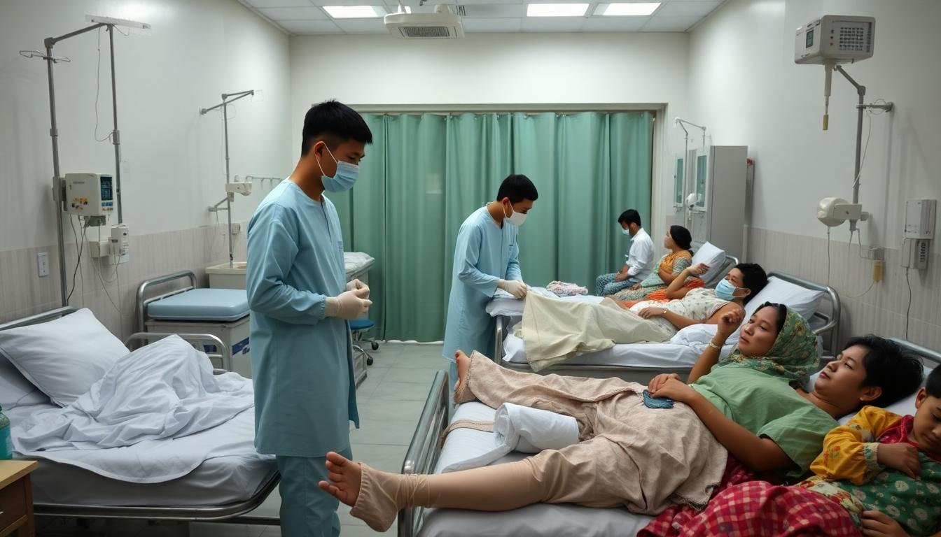 Medical team in a Chinese hospital caring for chikungunya patients, IV drips, visible joint supports, patients resting in beds, family members nearby, calm but serious scene