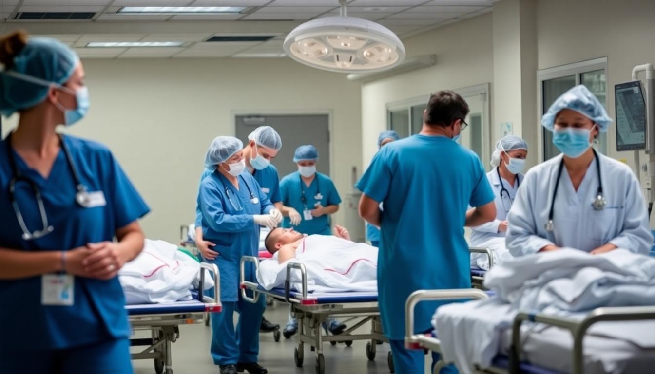 A medical team at Munson Medical Center treating multiple patients, doctors and nurses moving quickly, sense of urgency, hospital lighting, visible stretchers.