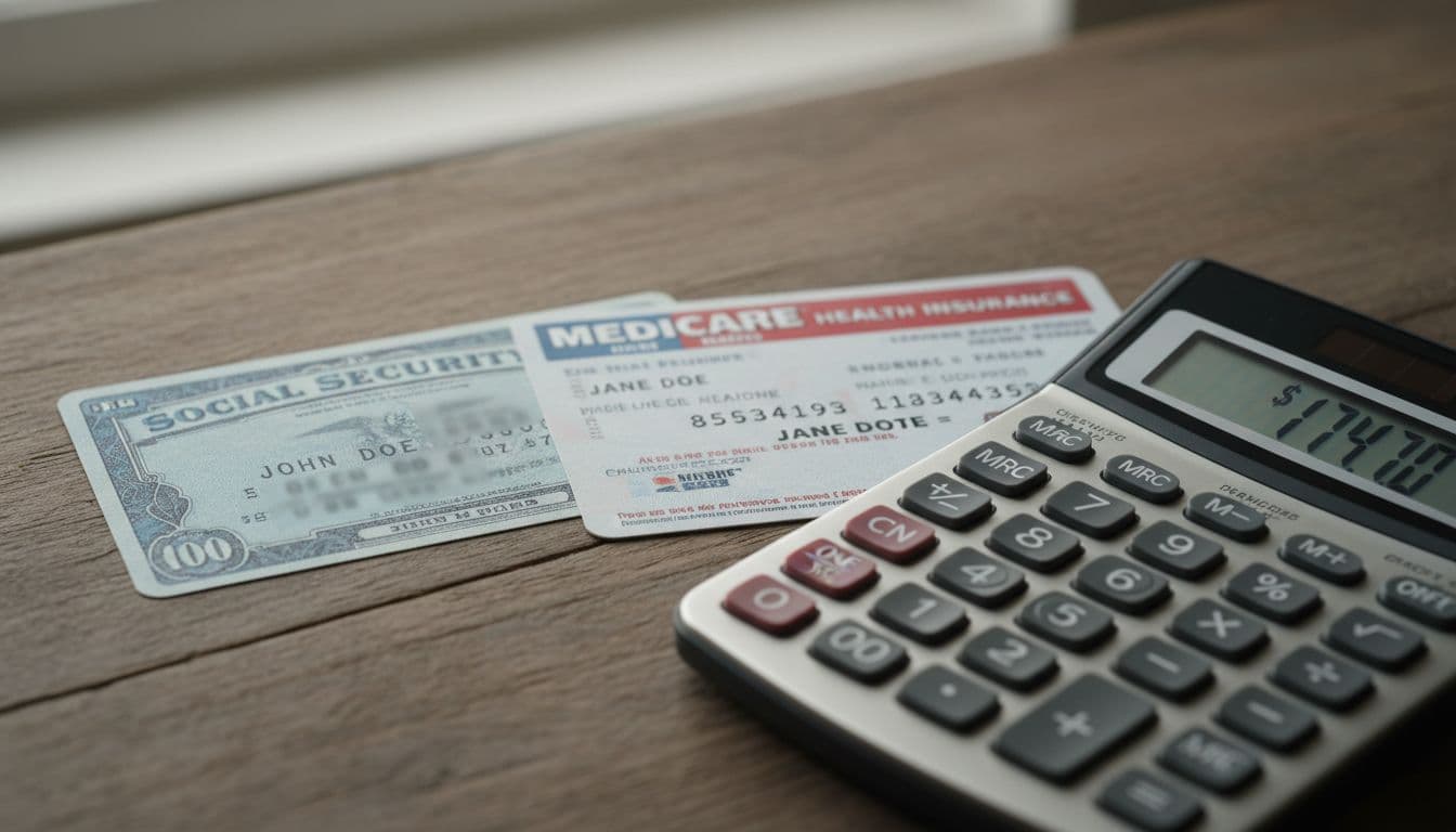 Social Security card, Medicare card, and calculator on a wooden table