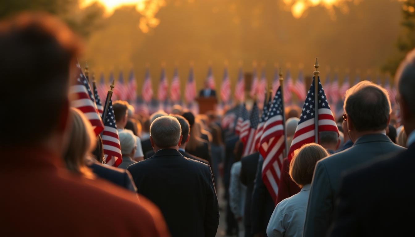 Crowd at a memorial event with flags and a podium