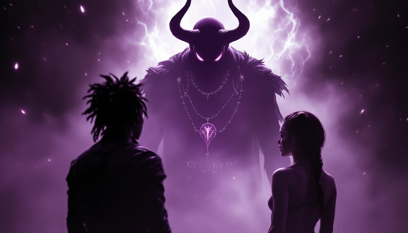 A moody, cinematic shot of Mephisto looming in magical shadows behind Riri Williams and Natalie, hinting at dark deals and future challenges in the Marvel universe.