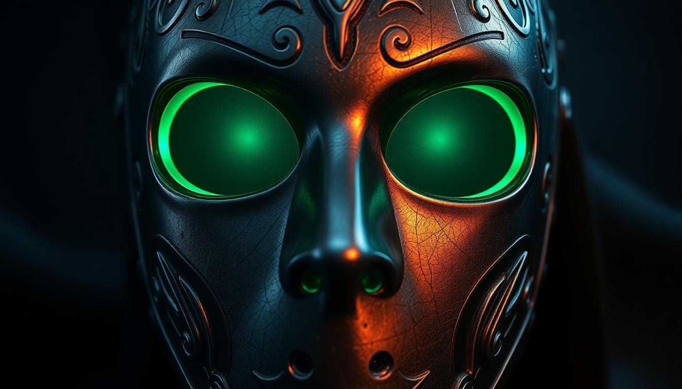 Doctor Doom Hype Surges After Shanghai Expo Teases: What RDJ Rumors Mean for Marvel’s Next Era 3 Close-up of a metallic villain mask with intricate engravings and a faint green glow in the eye slits