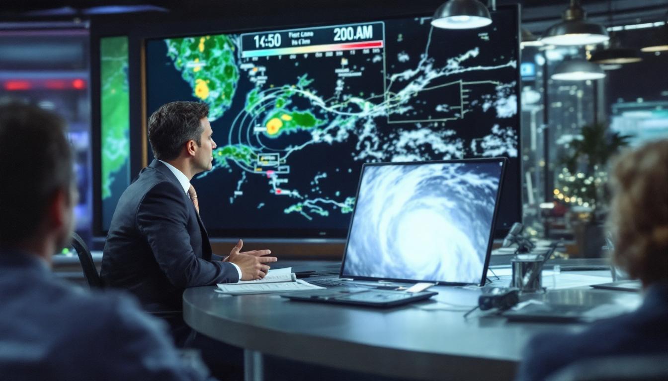 Meteorologist at a TV weather desk in Miami, large hurricane tracking map on screen, discussing forecast, viewers watching at home