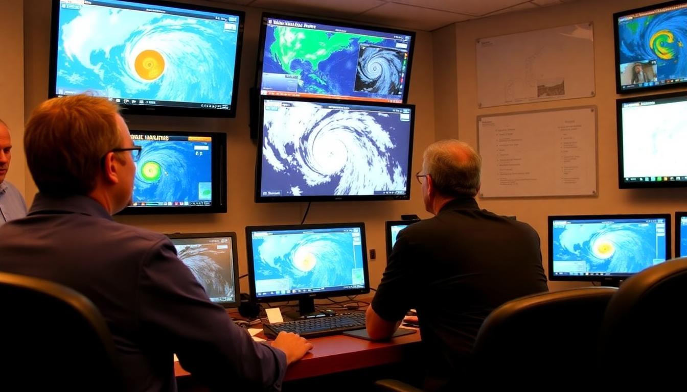 Image: Inside a weather center, scientists track Hurricane Erin’s data on digital screens, atmosphere tense