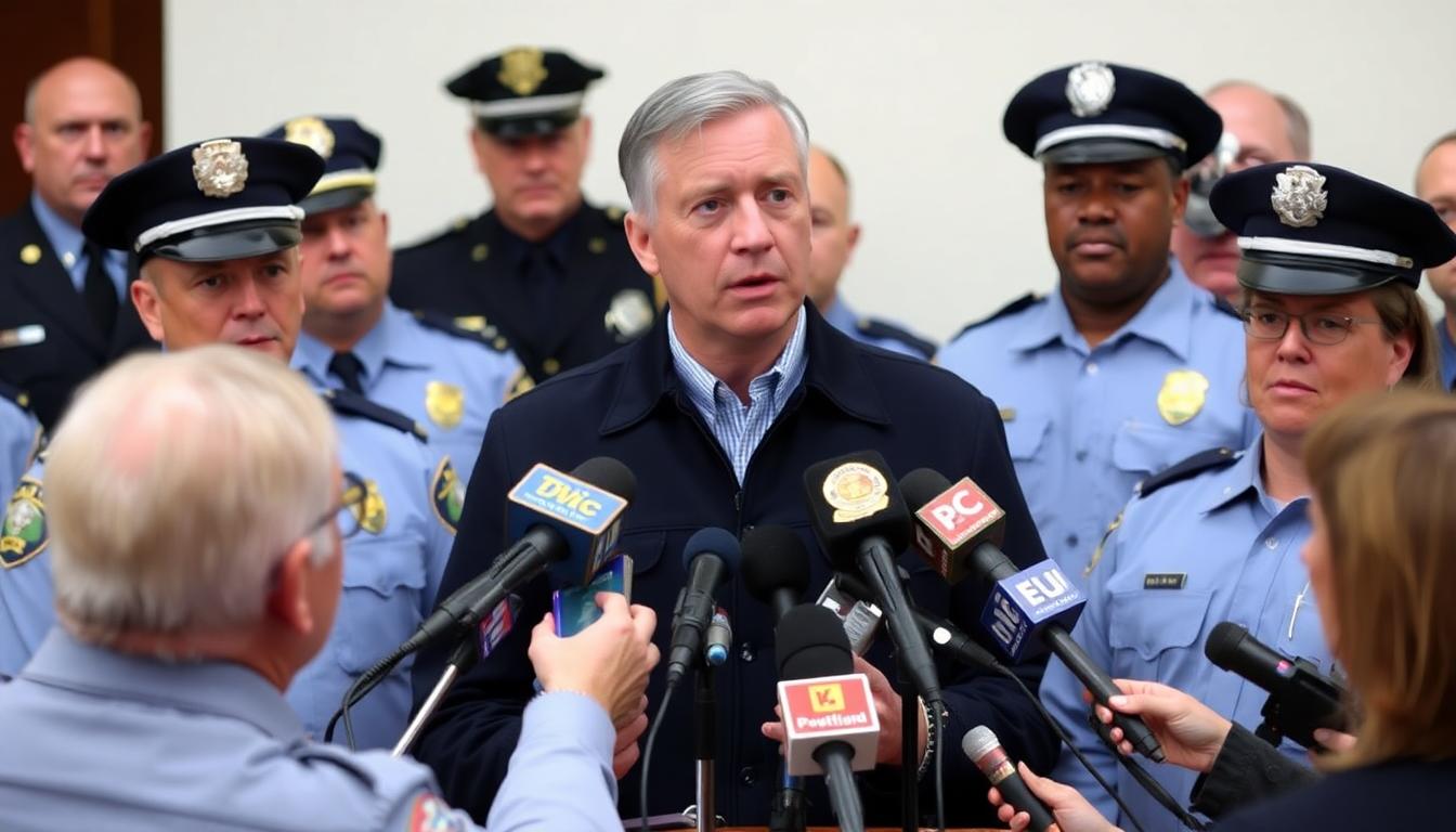 Michigan Governor giving a press statement surrounded by police officials and reporters, media microphones, serious mood, portrait orientation.