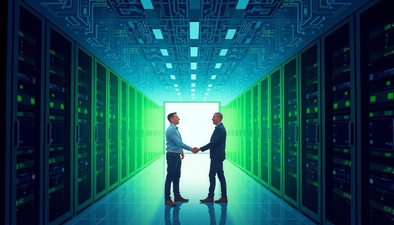 Engineers or executives from Microsoft and NVIDIA shaking hands in a GPU data center