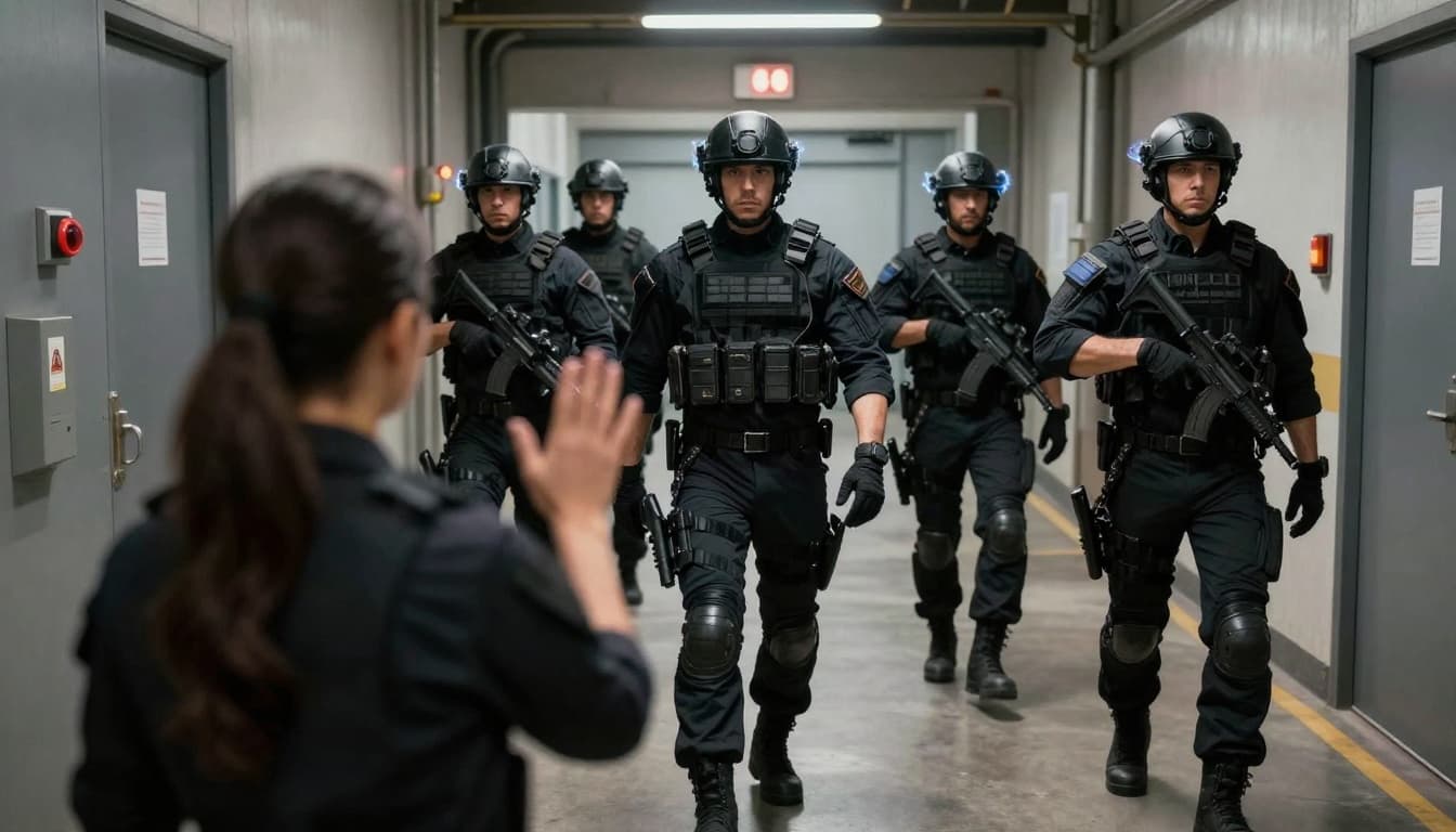 A telepathic figure mind-controlling armored agents in an industrial corridor