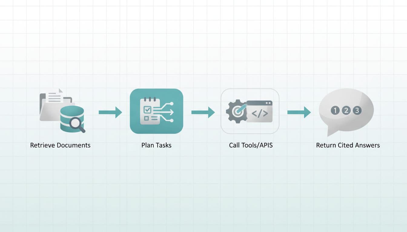 Reflection AI Reportedly Raises $2 Billion to Accelerate Enterprise AI Agents 2 Minimalist diagram of an AI agent workflow across retrieval, planning, tools, and answers