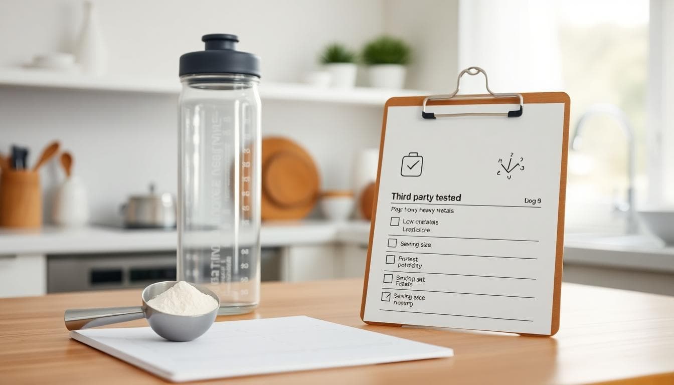 Kitchen scene with shaker and icons implying third-party testing, low heavy metals, and serving size awareness