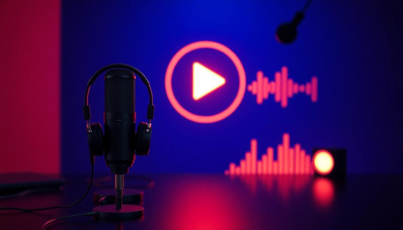 Andrew Garfield Teases Spider-Hero Return in Avengers: Secret Wars 3 Minimalist studio setup with microphone, headphones, and a glowing play icon