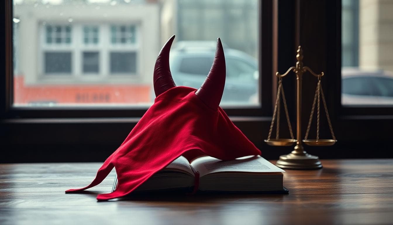 Daredevil: Born Again Season 2 Gets a Premiere Date — What Fans Should Know 2 Red cowl on a law book with scales of justice and rain-specked window suggesting Hell’s Kitchen