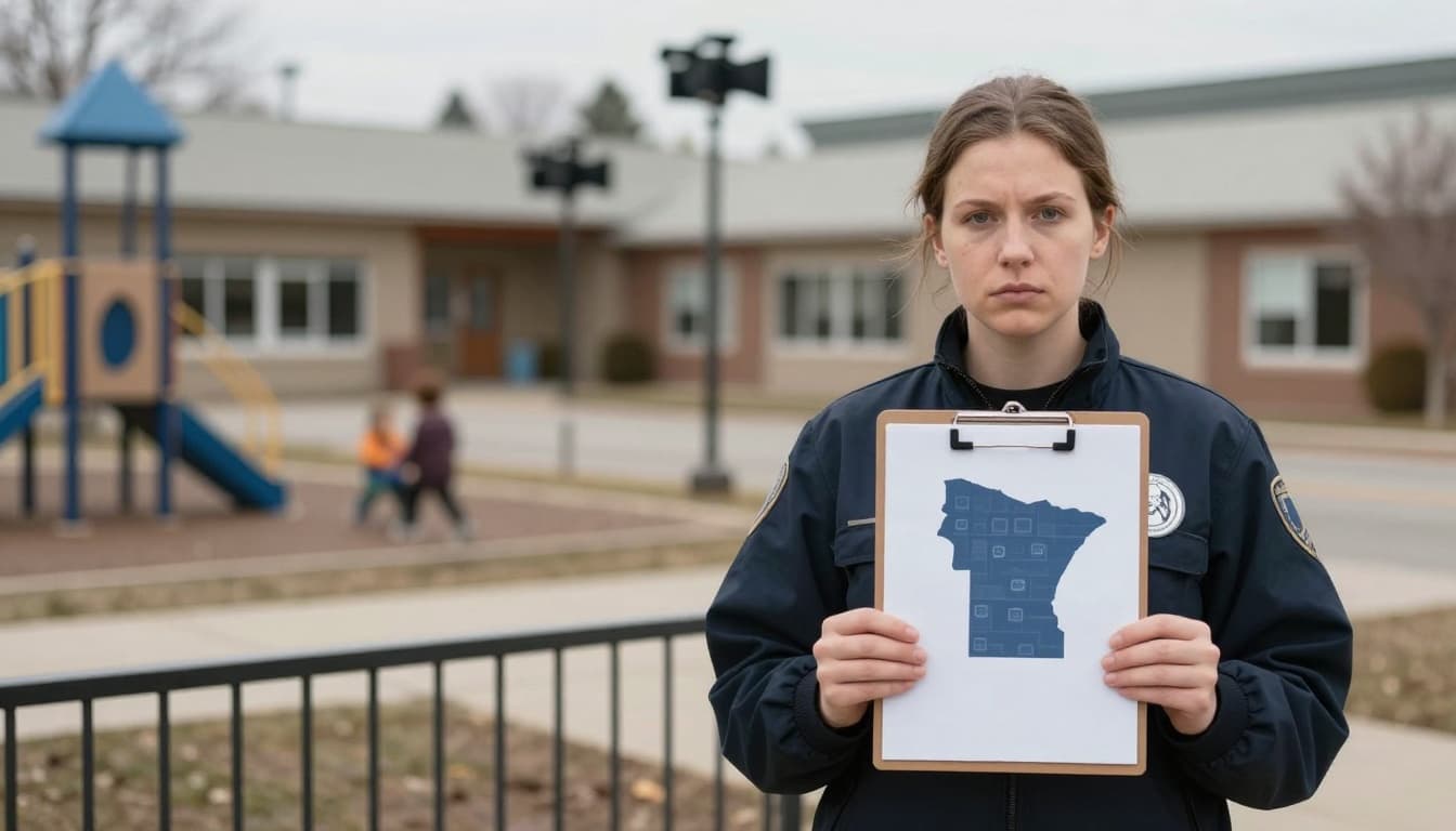 Daycare building exterior with an investigation clipboard concept