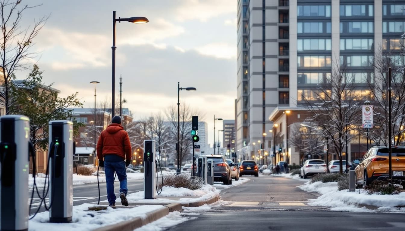 Trump Administration Federal Grants Back Minnesota Climate Projects: What’s Funded and What’s Next 3 City street in Minnesota with EV charging stations and LED lighting on a snowy day