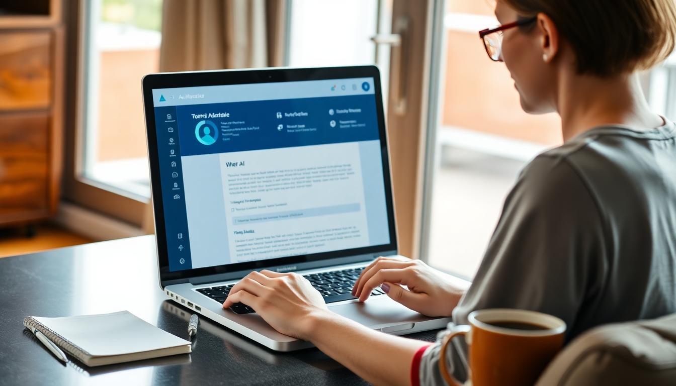 A modern blogger at home, using a laptop with an AI interface, notes and coffee at the side.