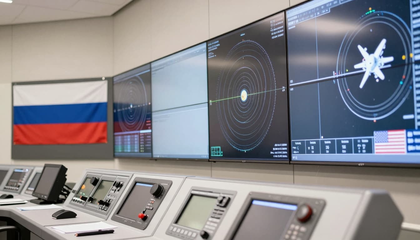 Modern mission control room with large screens showing orbital paths and spacecraft diagrams