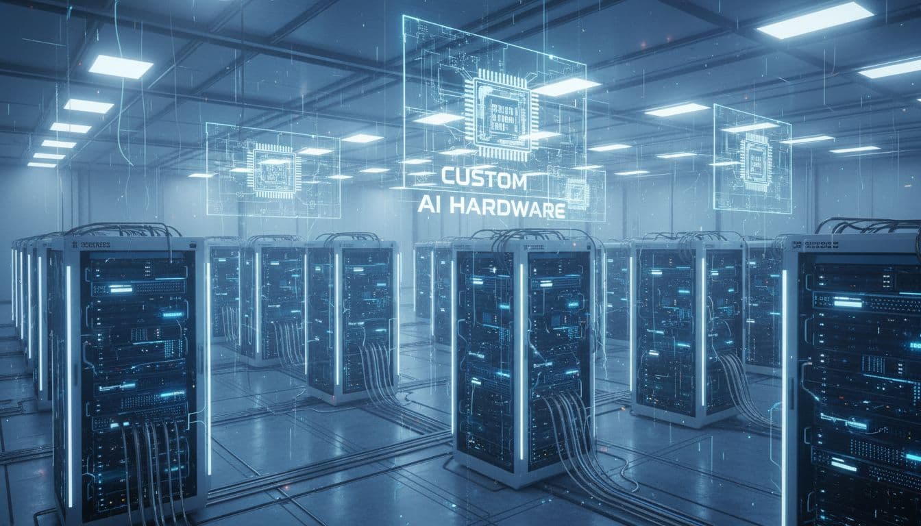 Modern data center with glowing AI servers and custom chips visuals