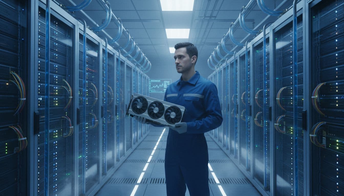 Technician holding a graphics card inside a data center
