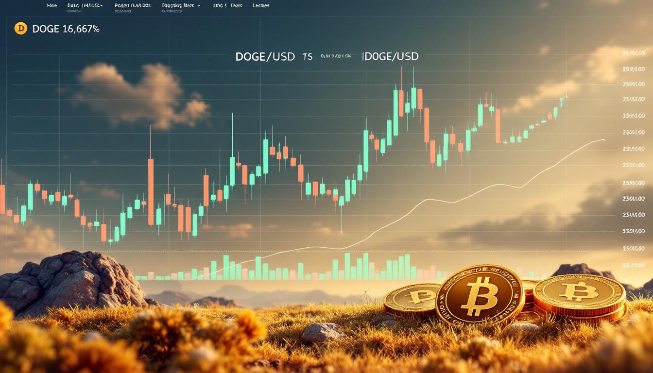 Trading screen with a candlestick chart for DOGE/USD, showing an upward trend, technical indicators, and a digital Dogecoin coin overlay, finance-themed, visually engaging