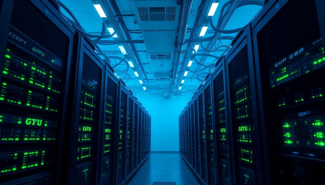 Rows of GPU servers with green LEDs and braided cables in a modern data center