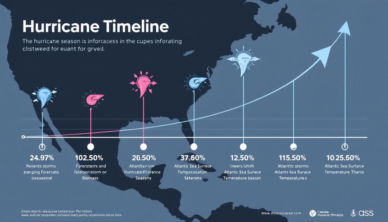 Modern infographic: hurricane season timeline, showing recent and forecasted storms, upward trend arrows, Atlantic sea surface temperature icons