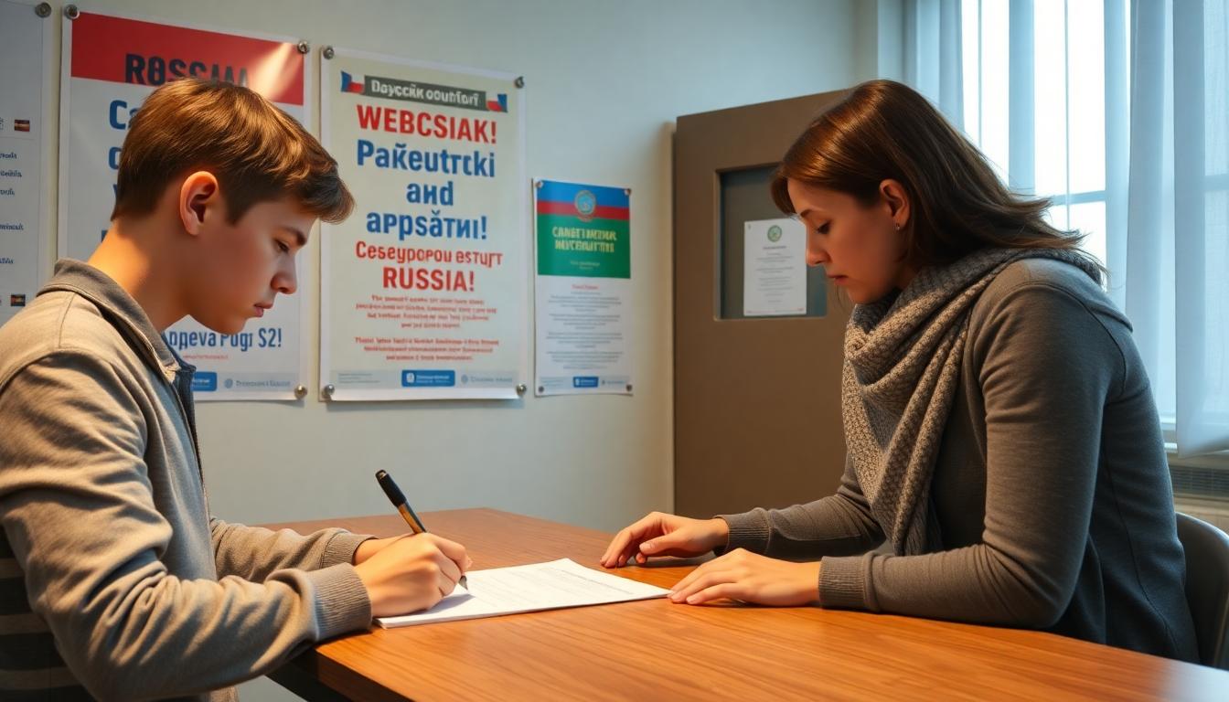 A modern Russian recruitment office, with posters promising education and benefits, a teenage boy signing papers while parents look worried.
