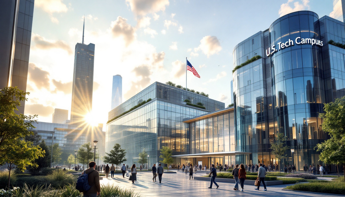 Modern U.S. tech campus with glass buildings and people walking, American flag visible