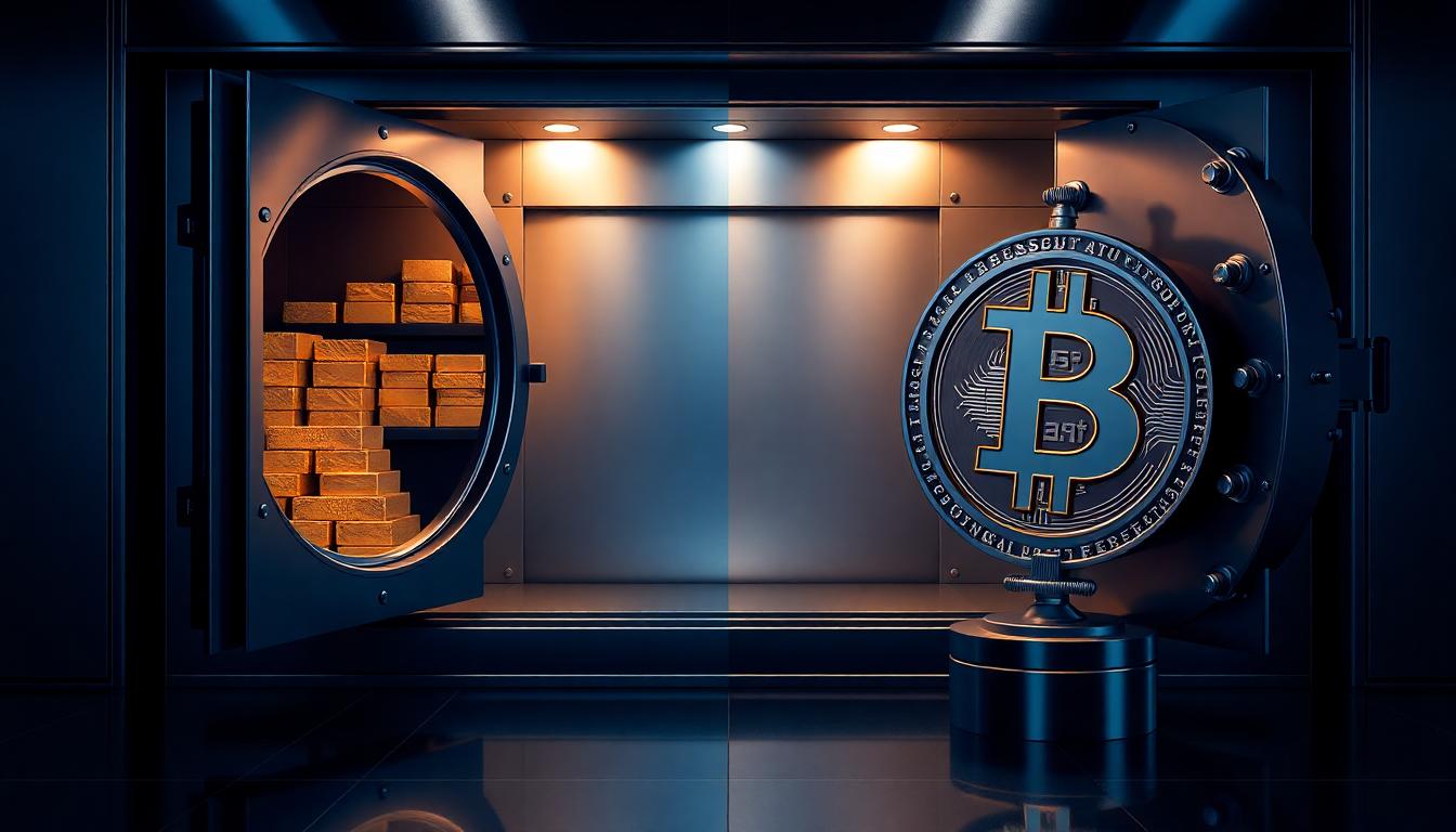 Open vault revealing stacked gold bars and a digital Bitcoin coin sculpture