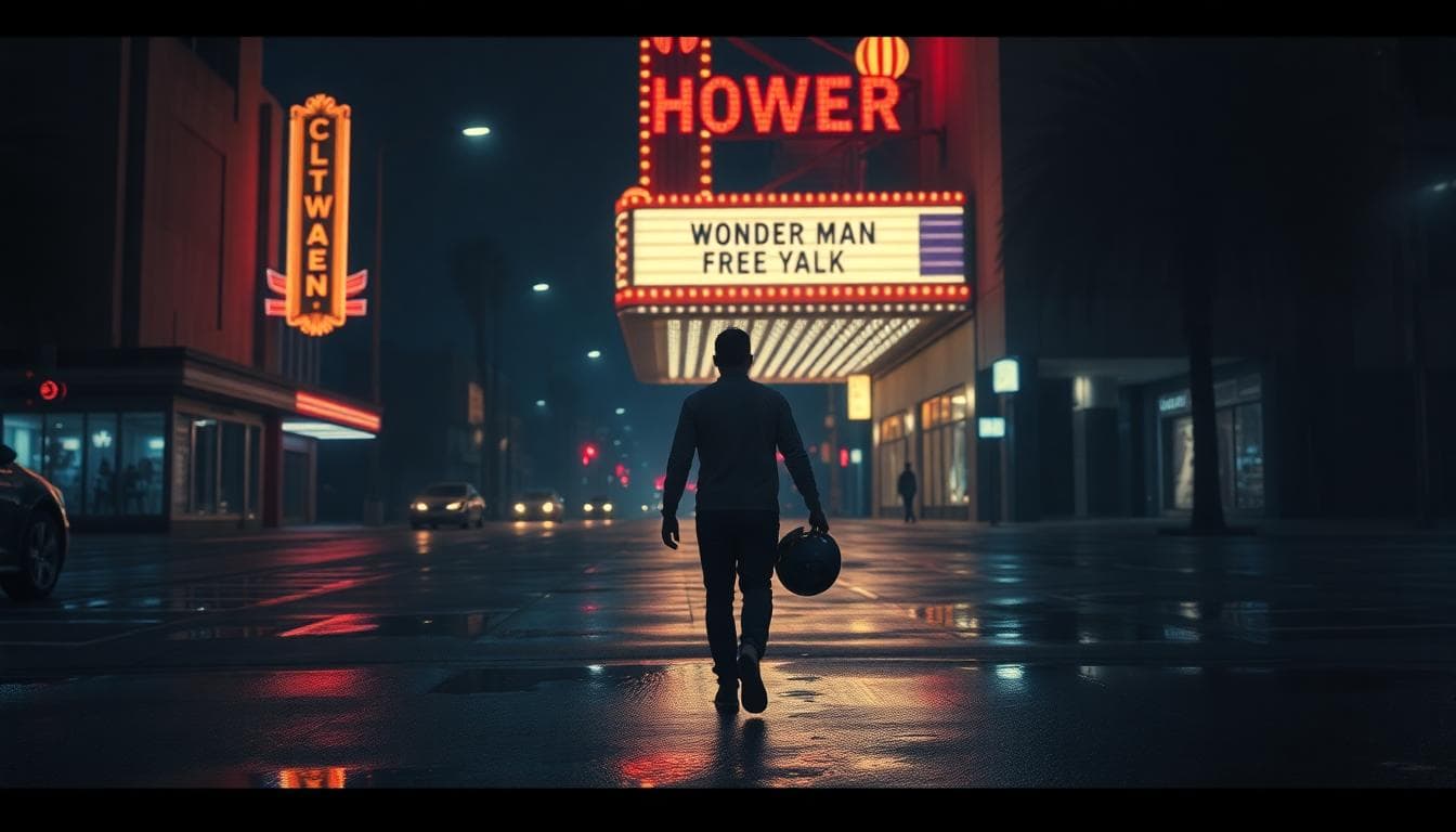 Marvel’s Wonder Man Trailer: Behind the Superhero Spotlight and Into Hollywood’s Grit 4 Moody Hollywood Boulevard at night with a lone figure carrying a hero helmet