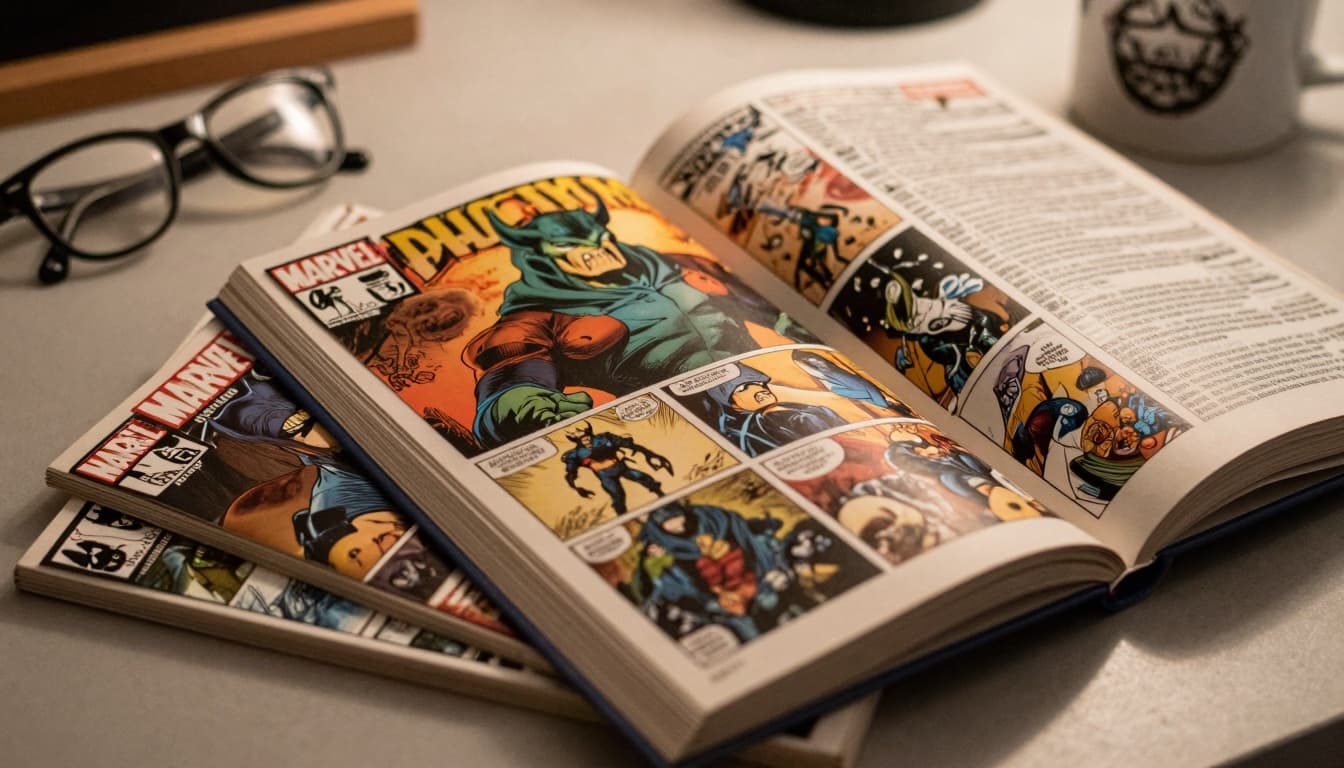 Desk with open comic showing armored villain, surrounded by stacked comics, glasses, and coffee mug