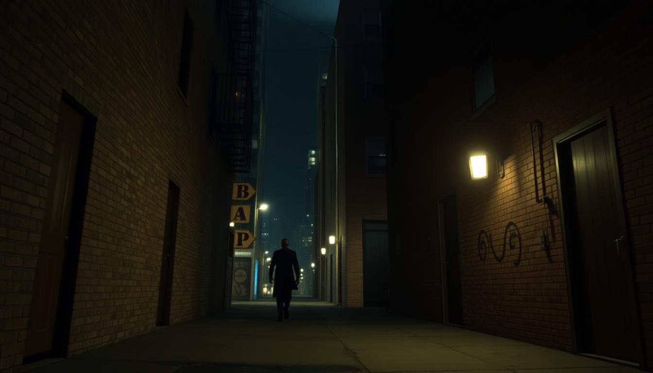 Nighttime shot of a mysterious villain in an urban alley, teasing new challenges for Spider-Man