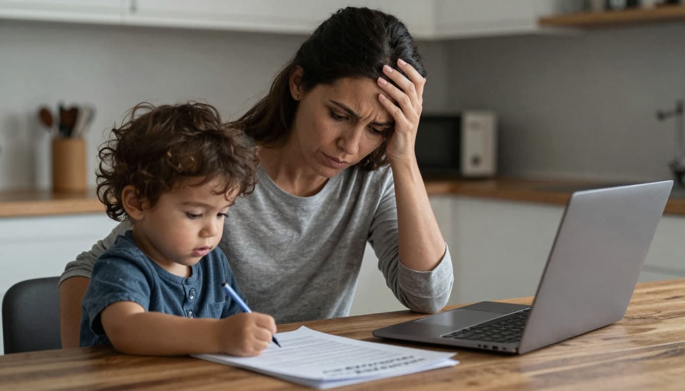 What South Carolina’s Pause on New Child Care Scholarships Means for Working Families 2 Mother at kitchen table filling out child care assistance paperwork while toddler plays