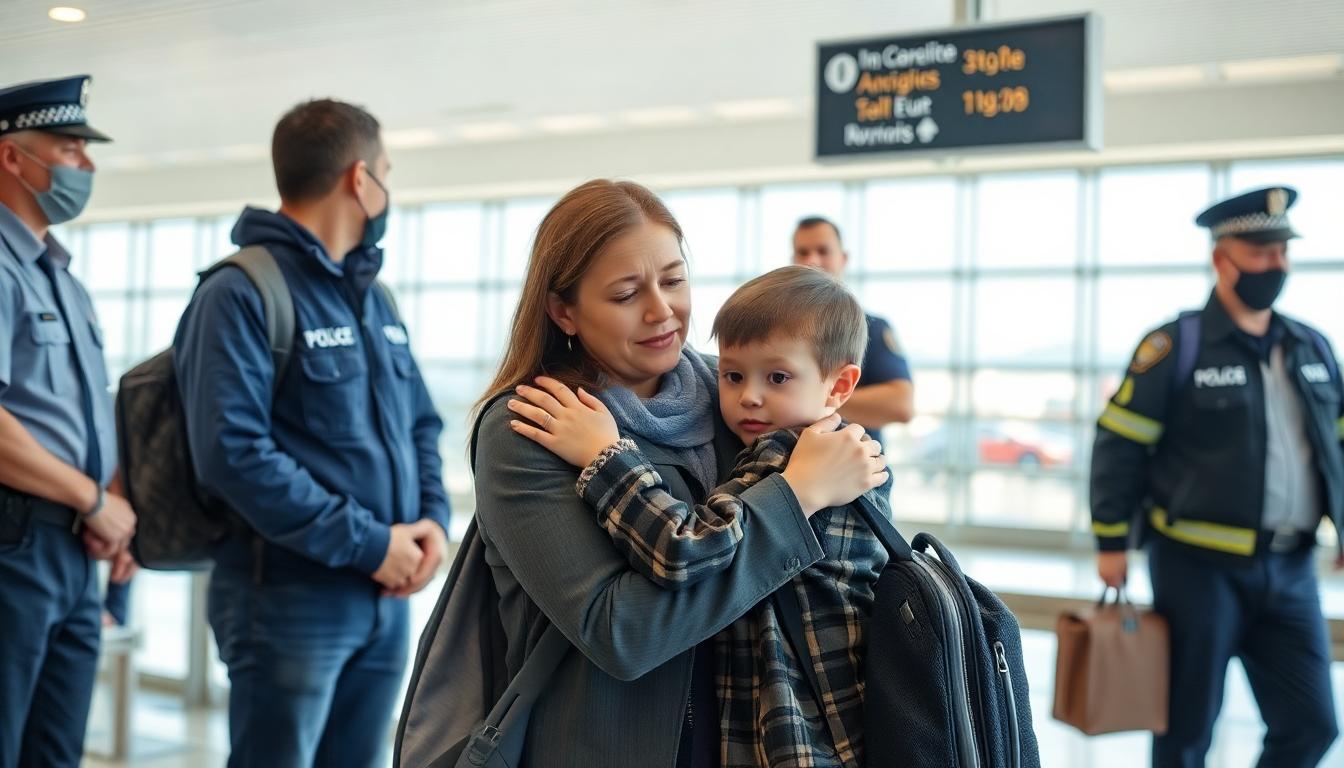A mother comforting her child at an airport terminal, both looking anxious but safe, other passengers nearby being calmly interviewed by police, supportive and caring environment.