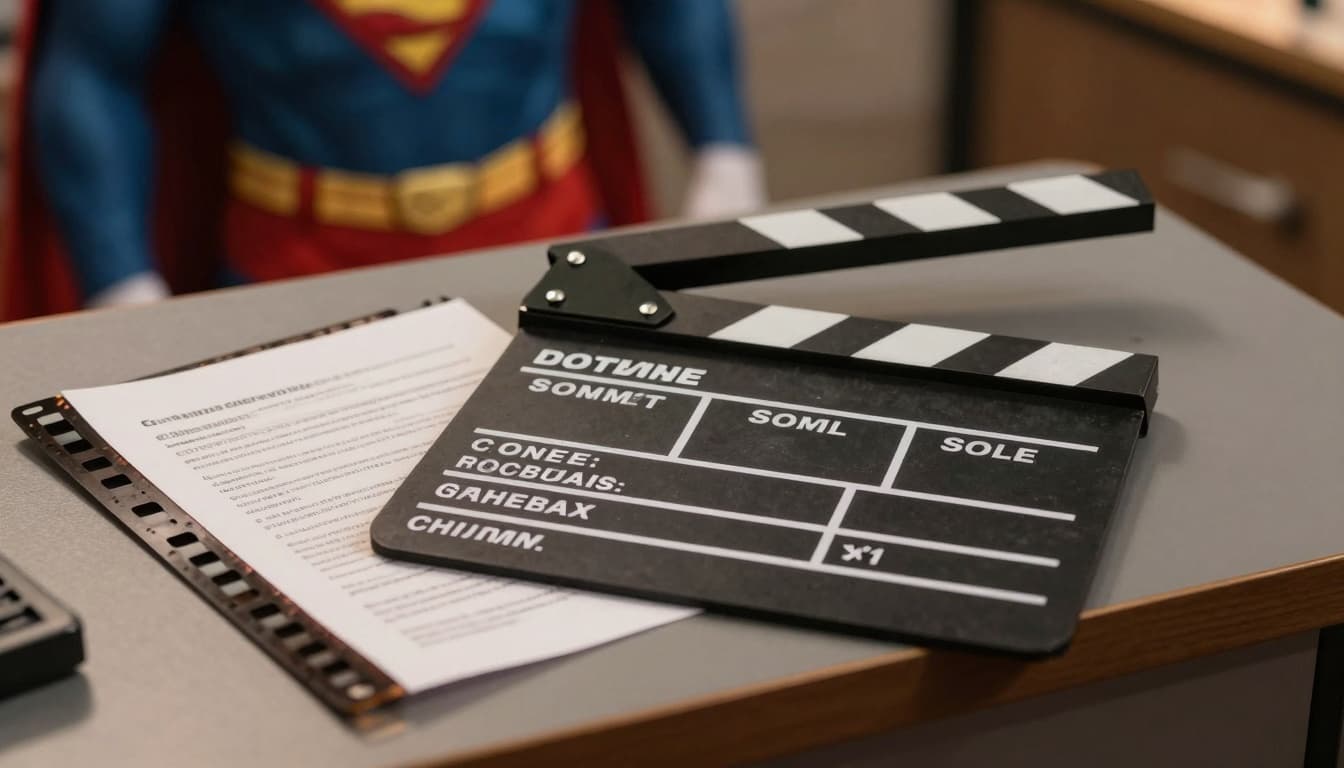Movie clapperboard and script pages on a table with superhero costume fabric blurred in the background