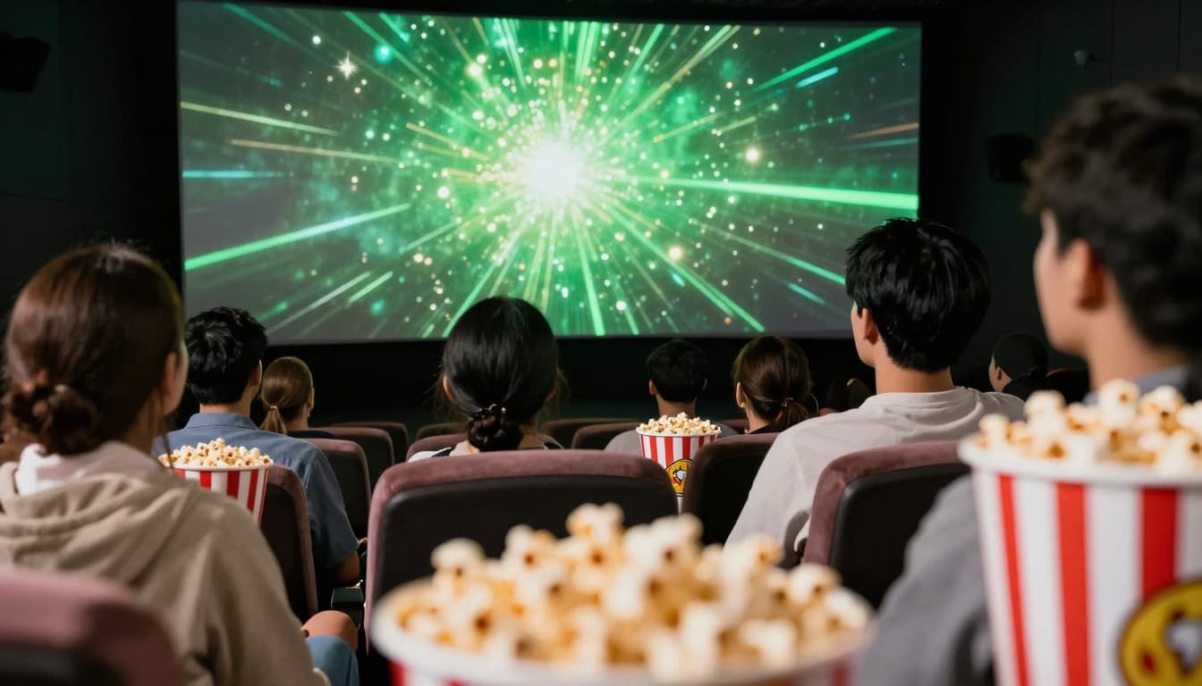 Movie theater audience silhouettes reacting to a bright screen with green light burst