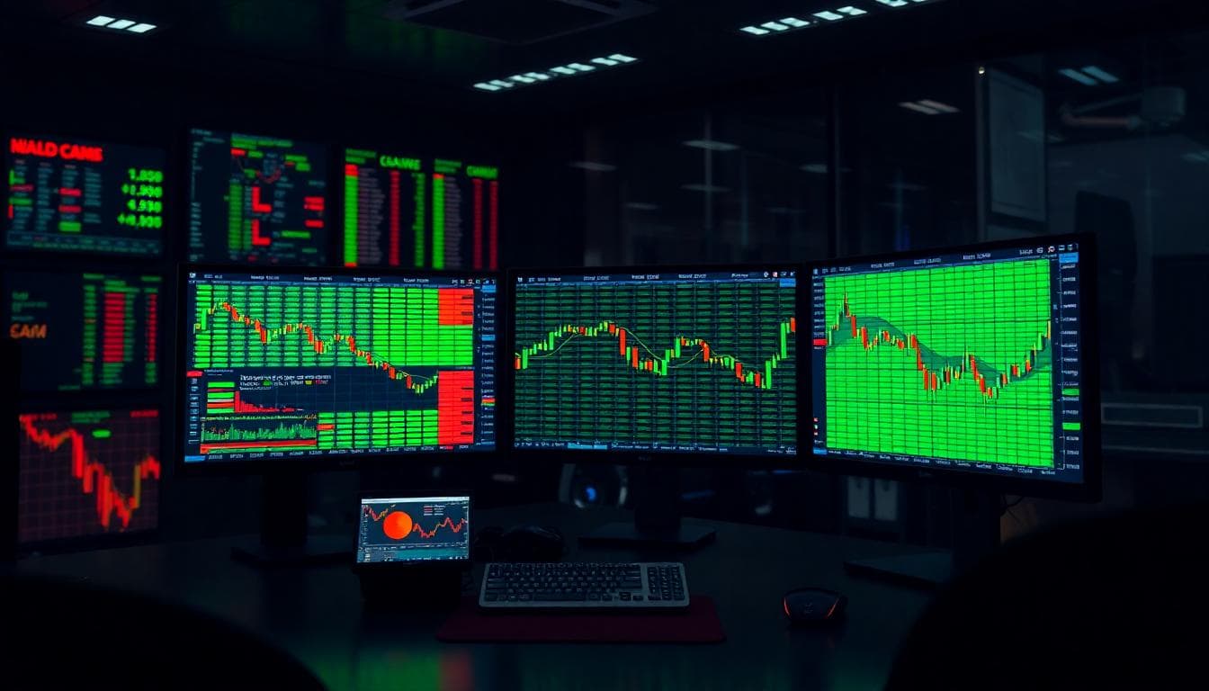 November Stock Market Outlook: Seasonality, Earnings, and Rate Signals 4 Multi-monitor trading desk with a market heatmap showing green and red tiles