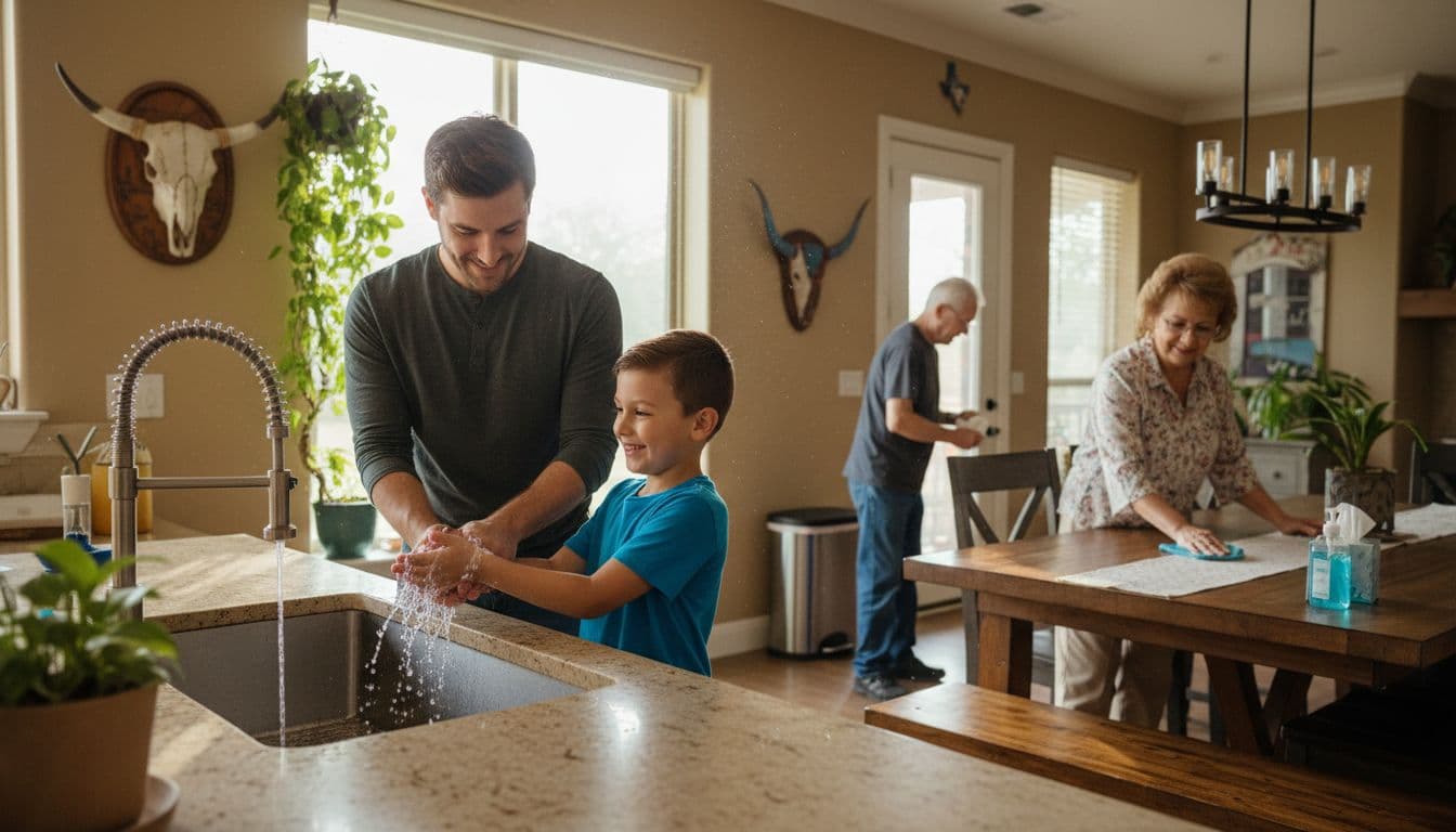 Multigenerational Texas family washing hands and cleaning surfaces to prevent flu