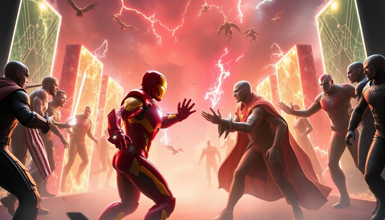 Avengers: Doomsday in Flux — Rebecca Romijn and the Mystery of an Unfinished Script 4 A multiversal battle scene, iconic Marvel heroes like Iron Man and Doctor Doom facing off, surrounded by portals and alternate versions of X-Men and Avengers, cinematic action scene.