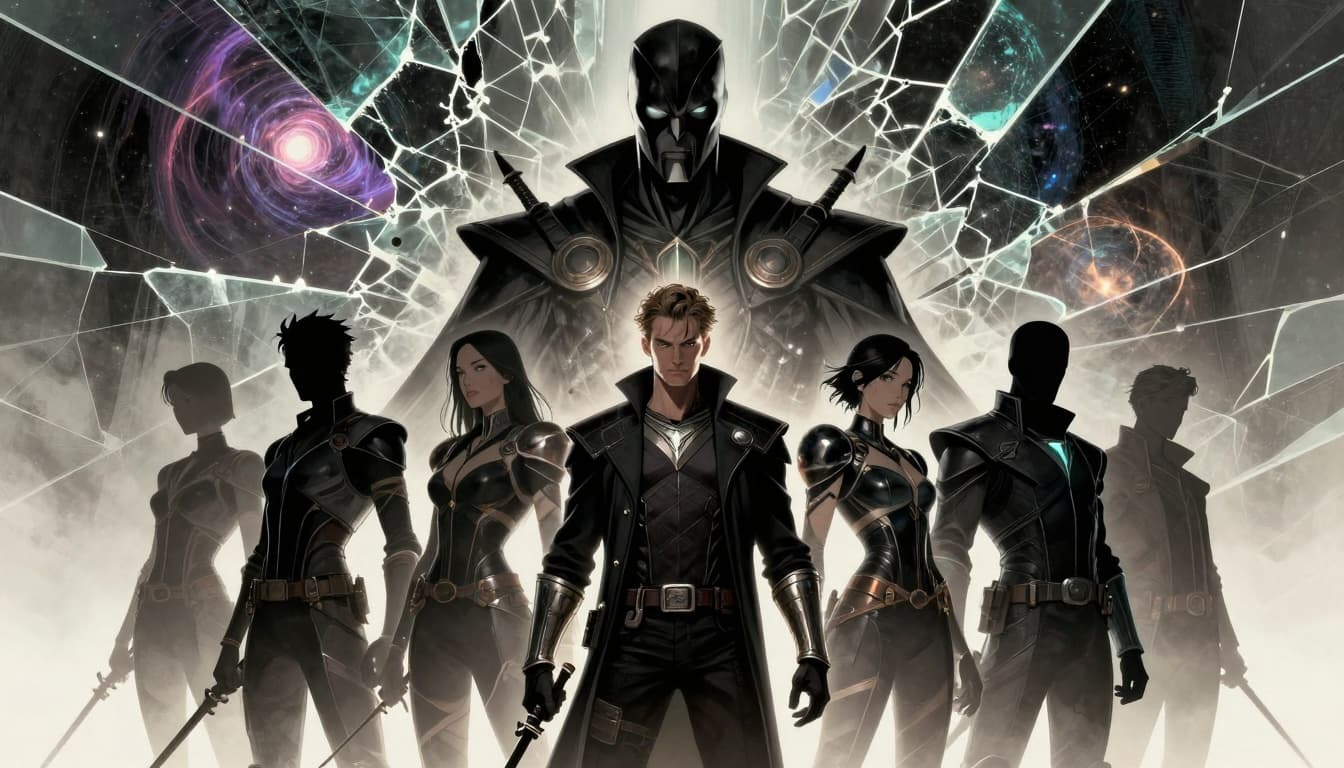 Multiple armored inventor silhouettes facing a towering masked sorcerer-technologist