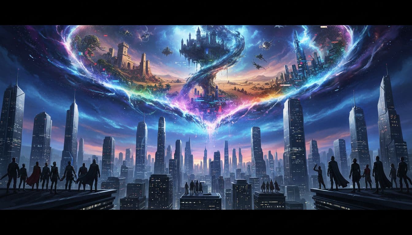 David Dastmalchian Wants Back In: Why Veb and Kurt Make Sense for Avengers: Doomsday 4 A vast multiverse rift over a futuristic city as silhouettes of heroes watch
