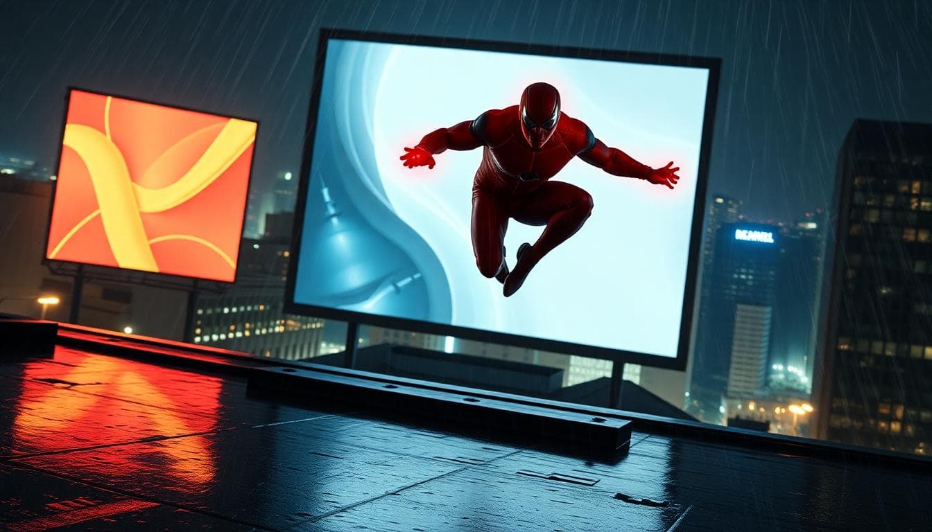 Marvel in 2026: Movies, TV Shows, and the Latest on Wonder Man’s Release Date 4 Anonymous hero mid-leap across a rain-slick rooftop at night with a red energy glow around hands and a bright abstract billboard