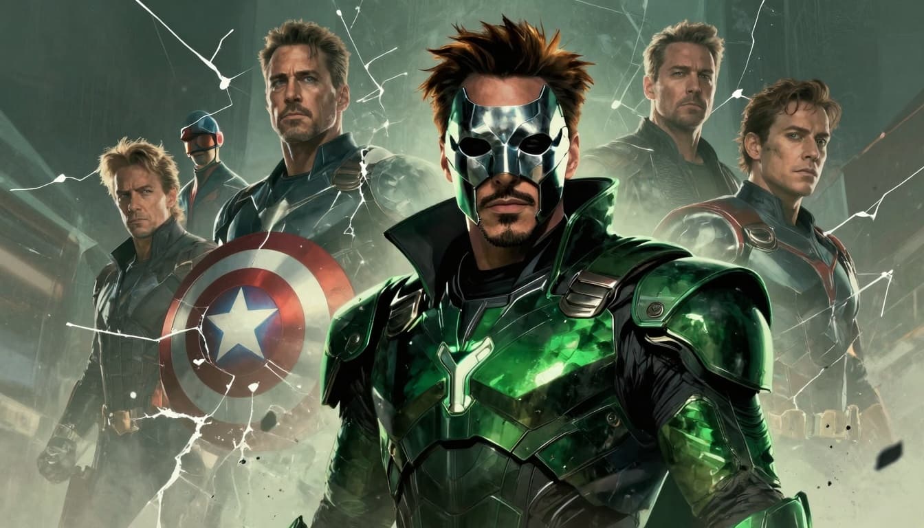 Silhouette of an armored figure in green lighting with a fractured team image behind