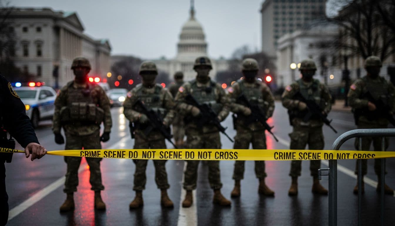 National Guard soldiers standing behind crime scene tape on a street in Washington DC