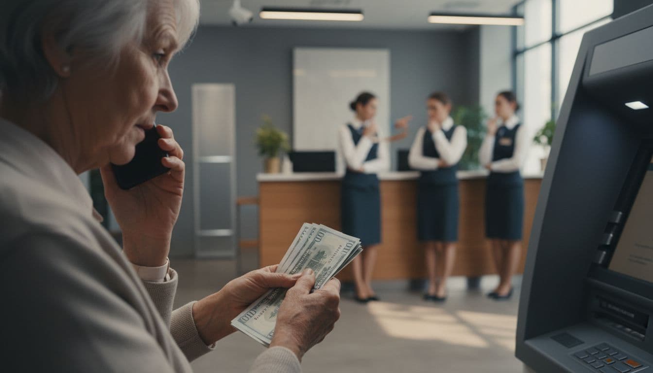 Bitcoin ATM Scams: How Clay County Residents Lost Millions To Fake Jury Duty Calls 3 Nervous elderly woman withdrawing cash at a bank while talking on the phone
