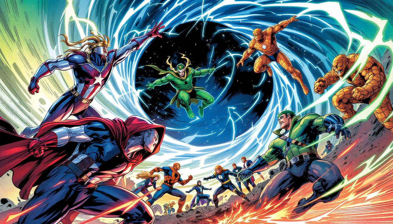 Inside Image 2: The New Avengers and Fantastic Four face Doctor Doom and Loki, with a swirling dimensional portal in the background.