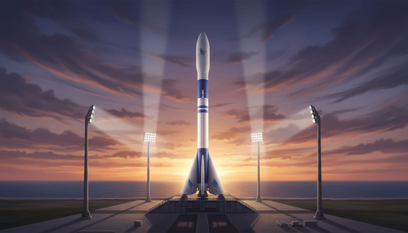 Digital artwork of a New Glenn rocket on the launch pad at Cape Canaveral at sunset