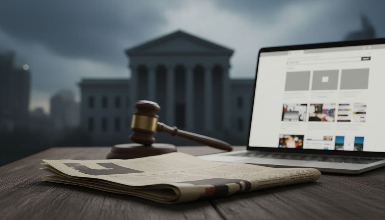 Newspaper and laptop beside a gavel, symbolizing legal and media scrutiny