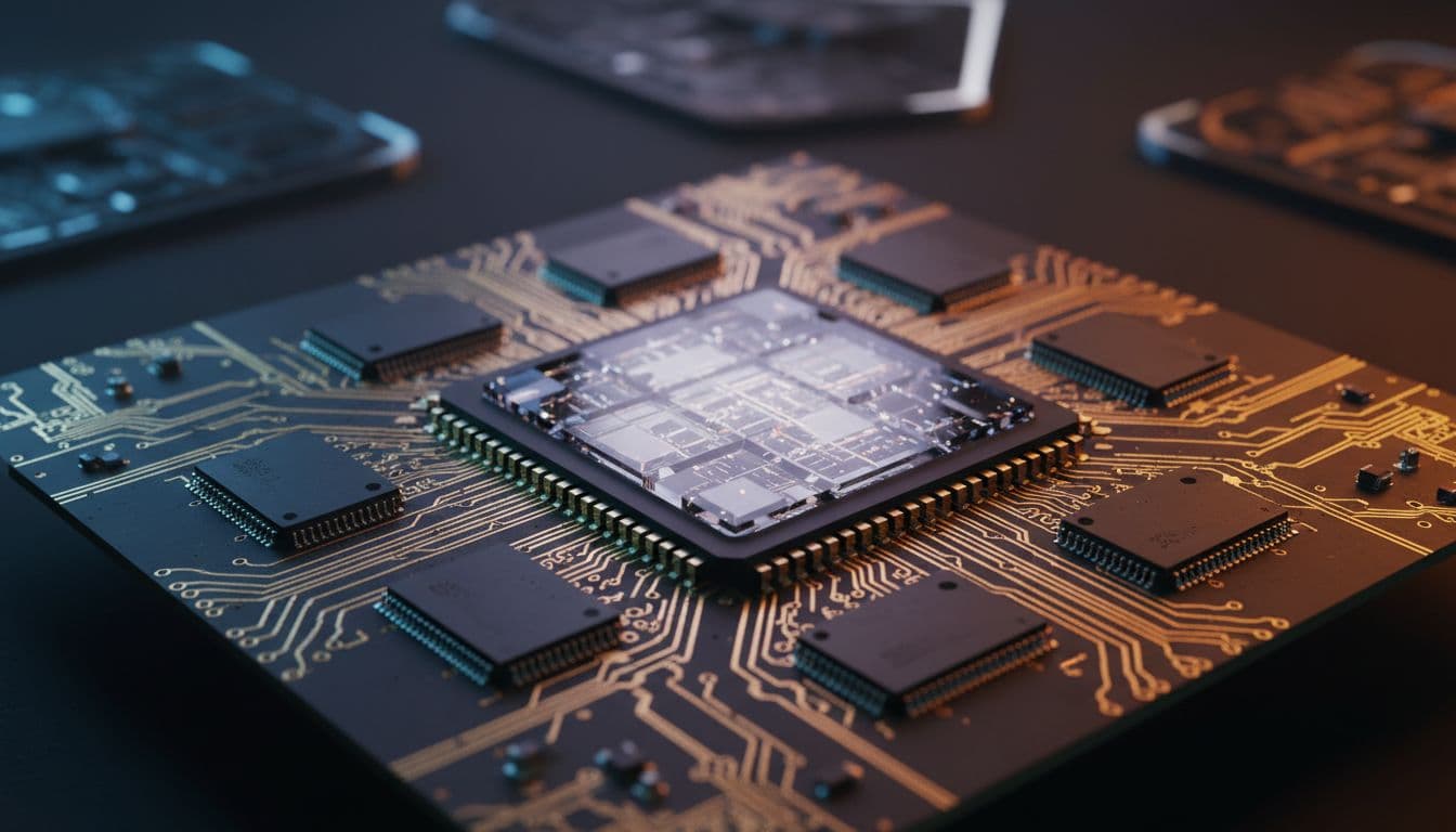 Close-up macro photo of a next-gen GPU with gold traces