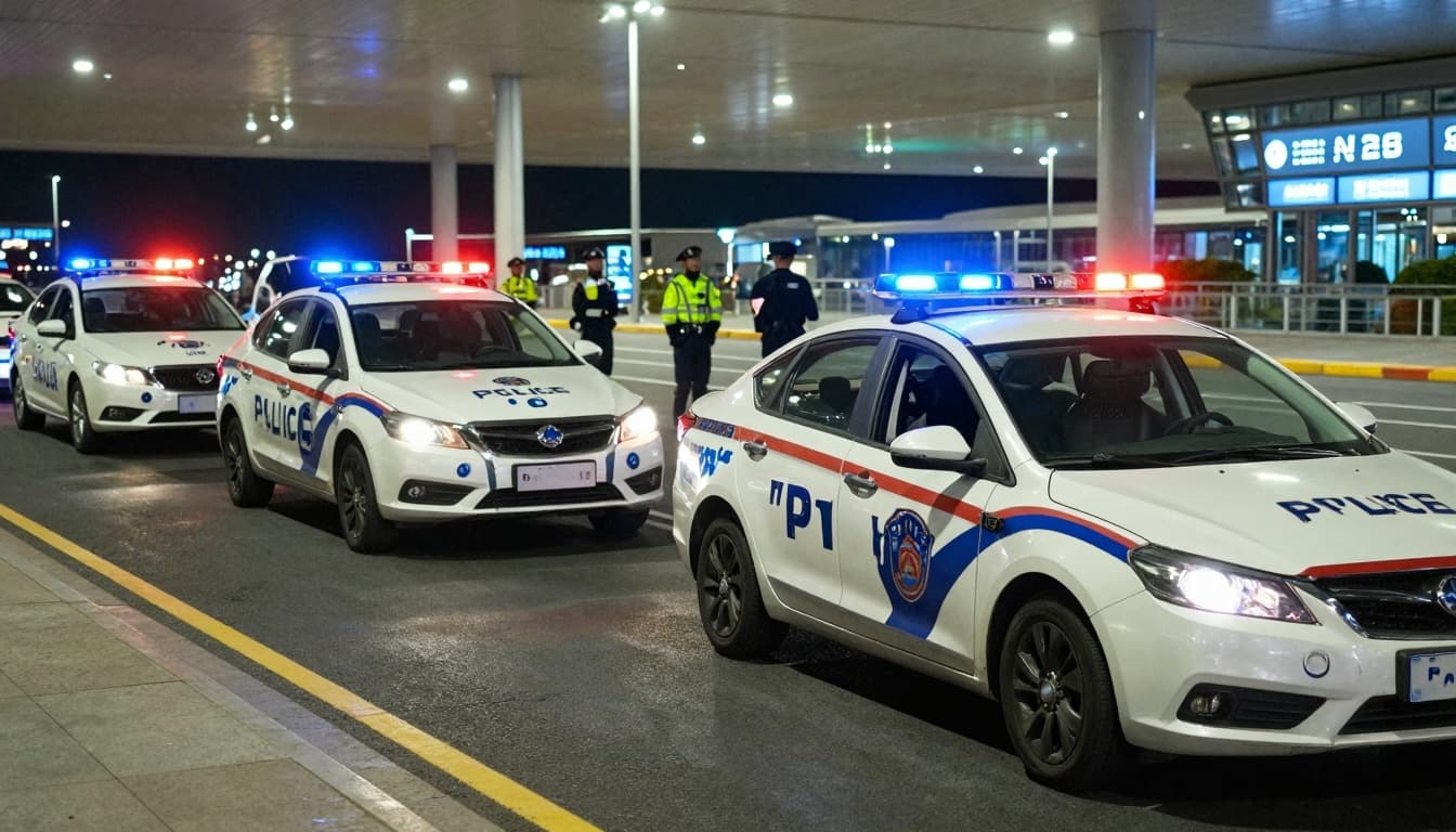 Police and security vehicles with flashing lights outside an airport terminal at night