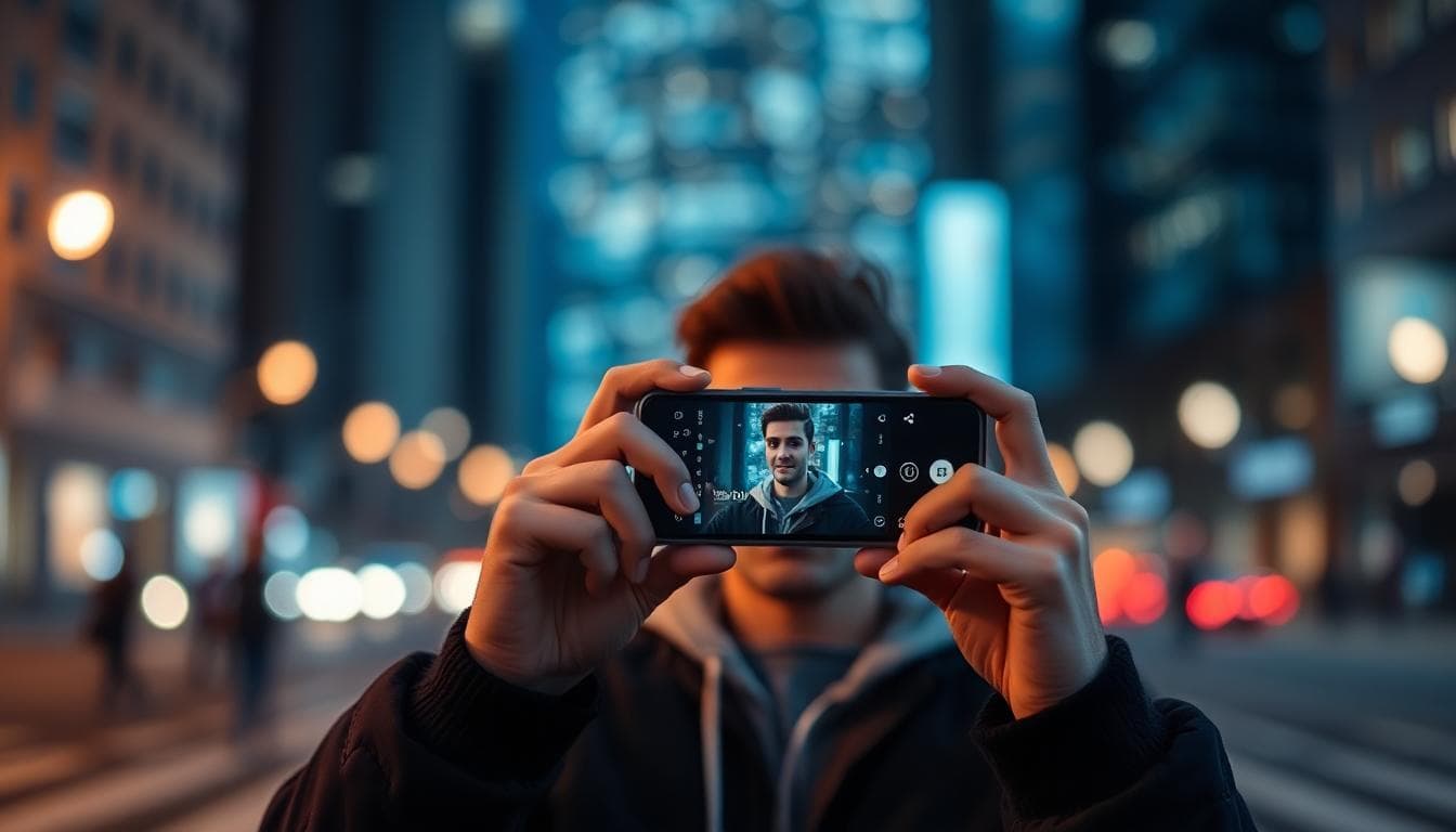 Night city scene capturing a portrait with a dual-camera smartphone