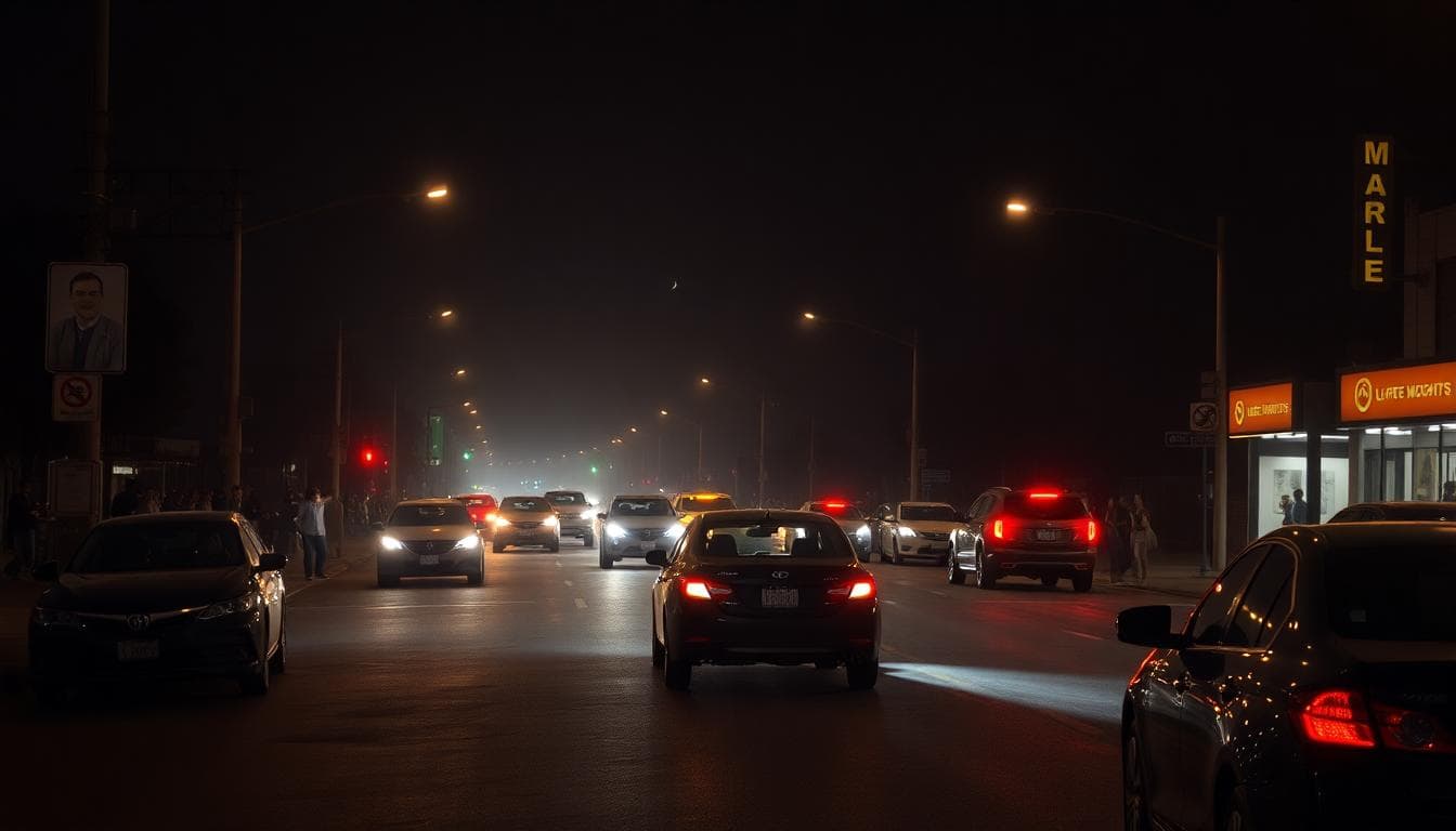 City street during blackout with traffic lights off and people using flashlights